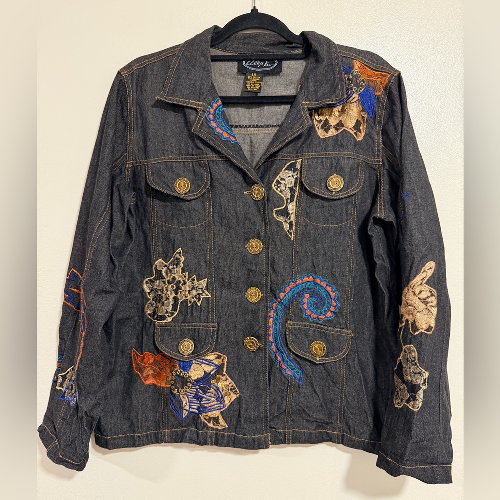 Alex Kim 1X Dark Denim Jacket Boho Floral Embroidery Art wear cottagecore Plus